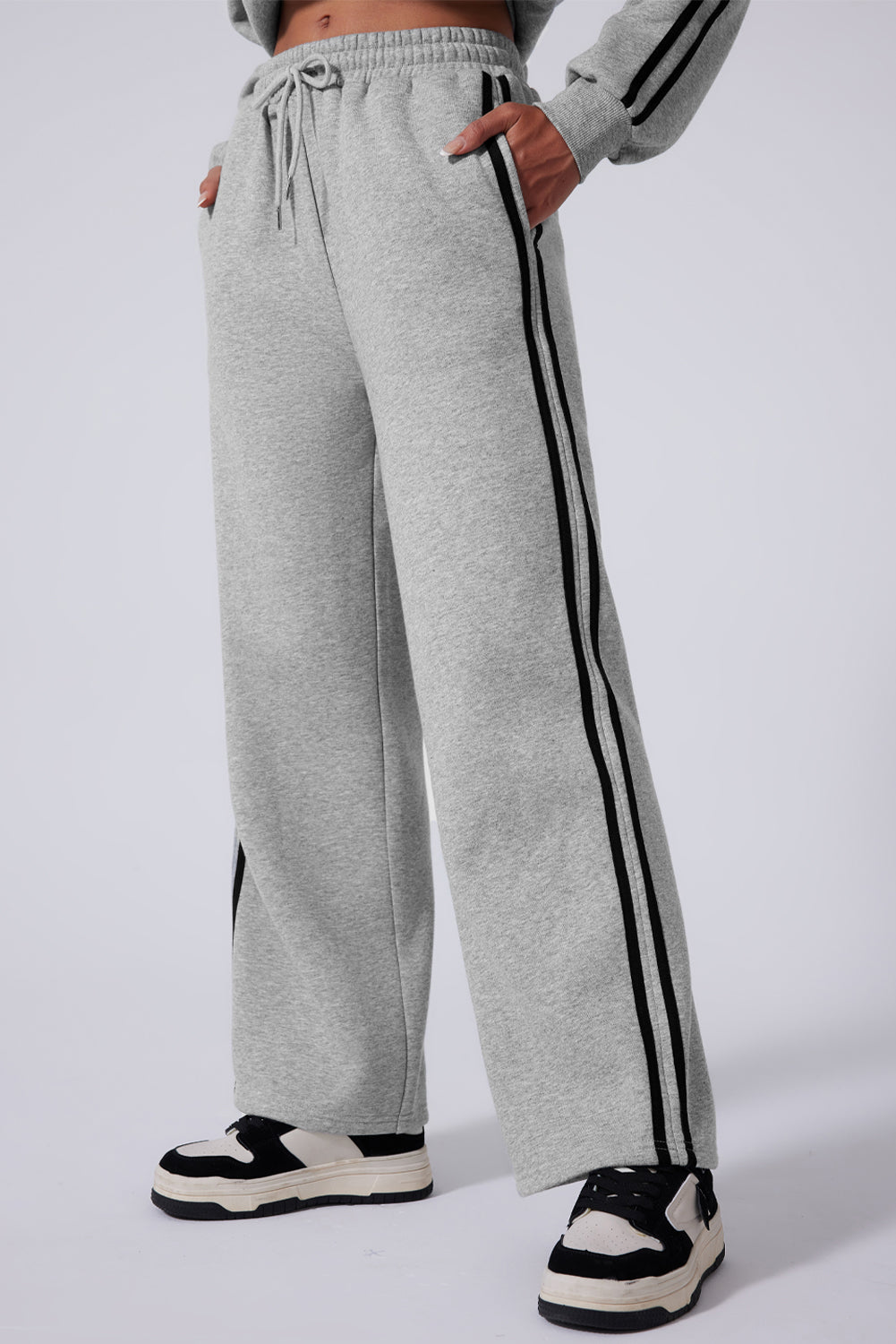 Light Gray Side Striped Round Neck Top and Pants Active Set