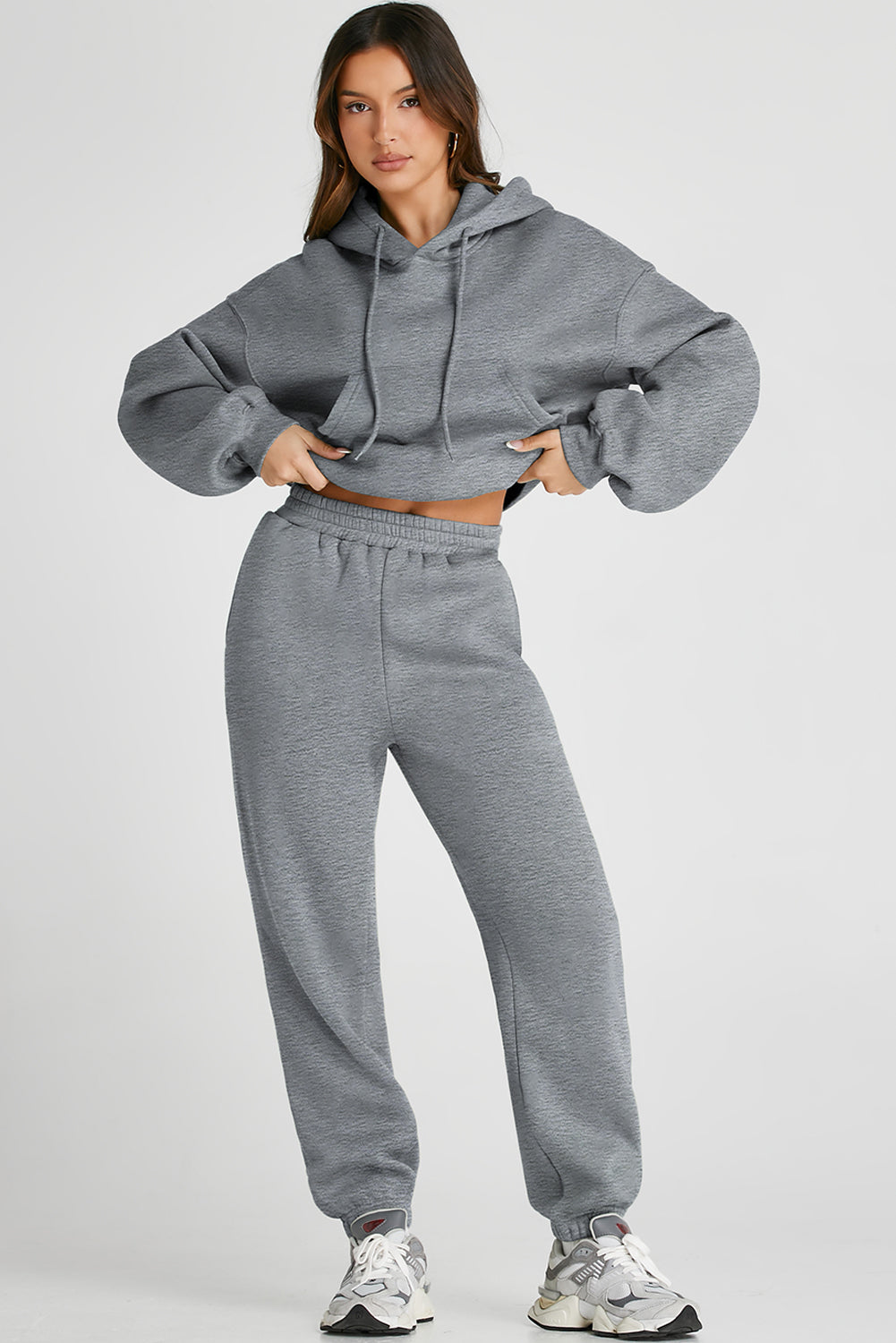 Gray Dropped Shoulder Hooded Top and Pants Active Set