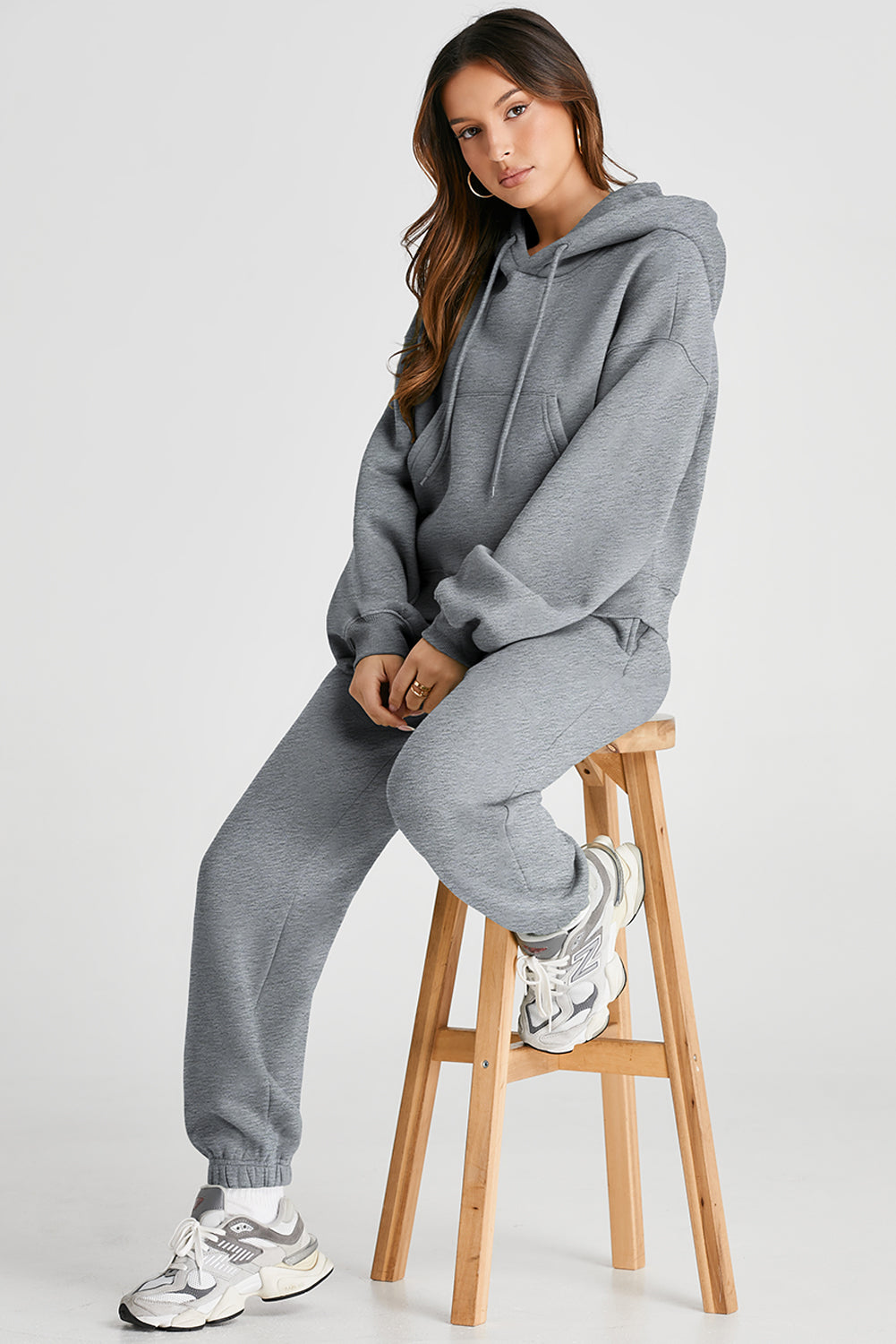 Gray Dropped Shoulder Hooded Top and Pants Active Set