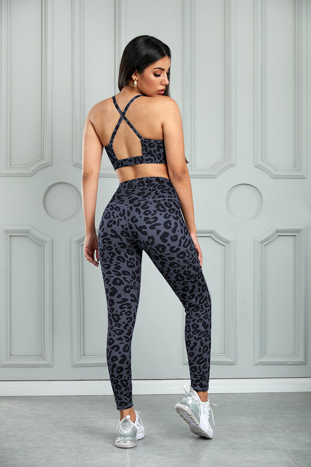 Gray Leopard Cutout Sports Bra and Leggings Set