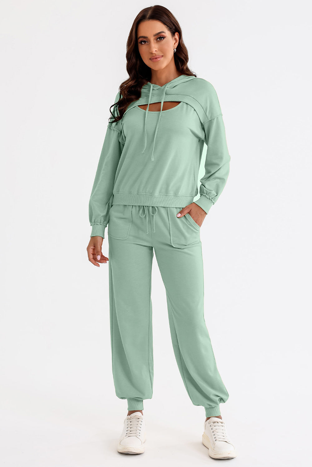 Light Green Cutout Drawstring Hoodie and Joggers Active Set