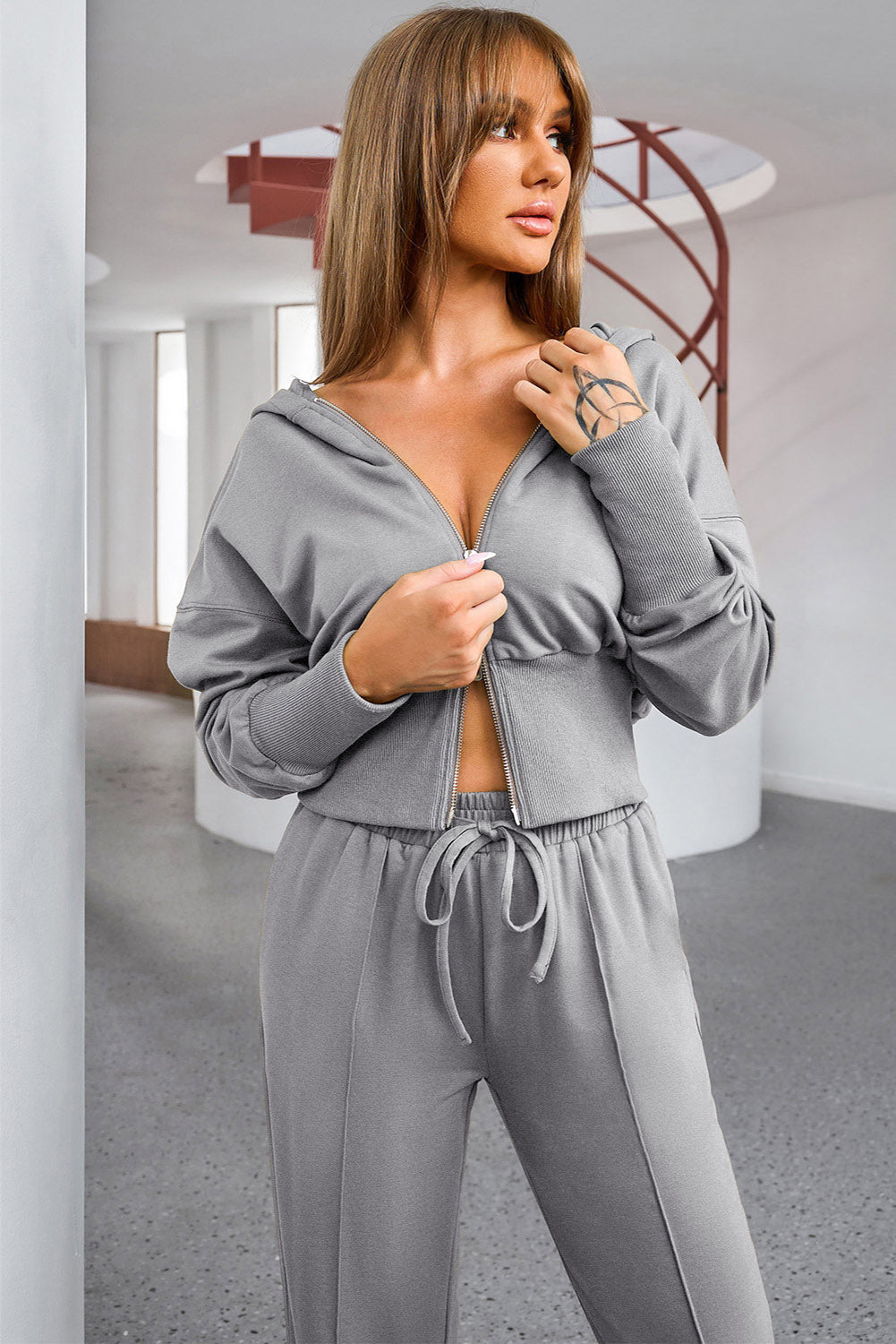 Dark Gray Dropped Shoulder Hoodie and Drawstring Pants Active Set