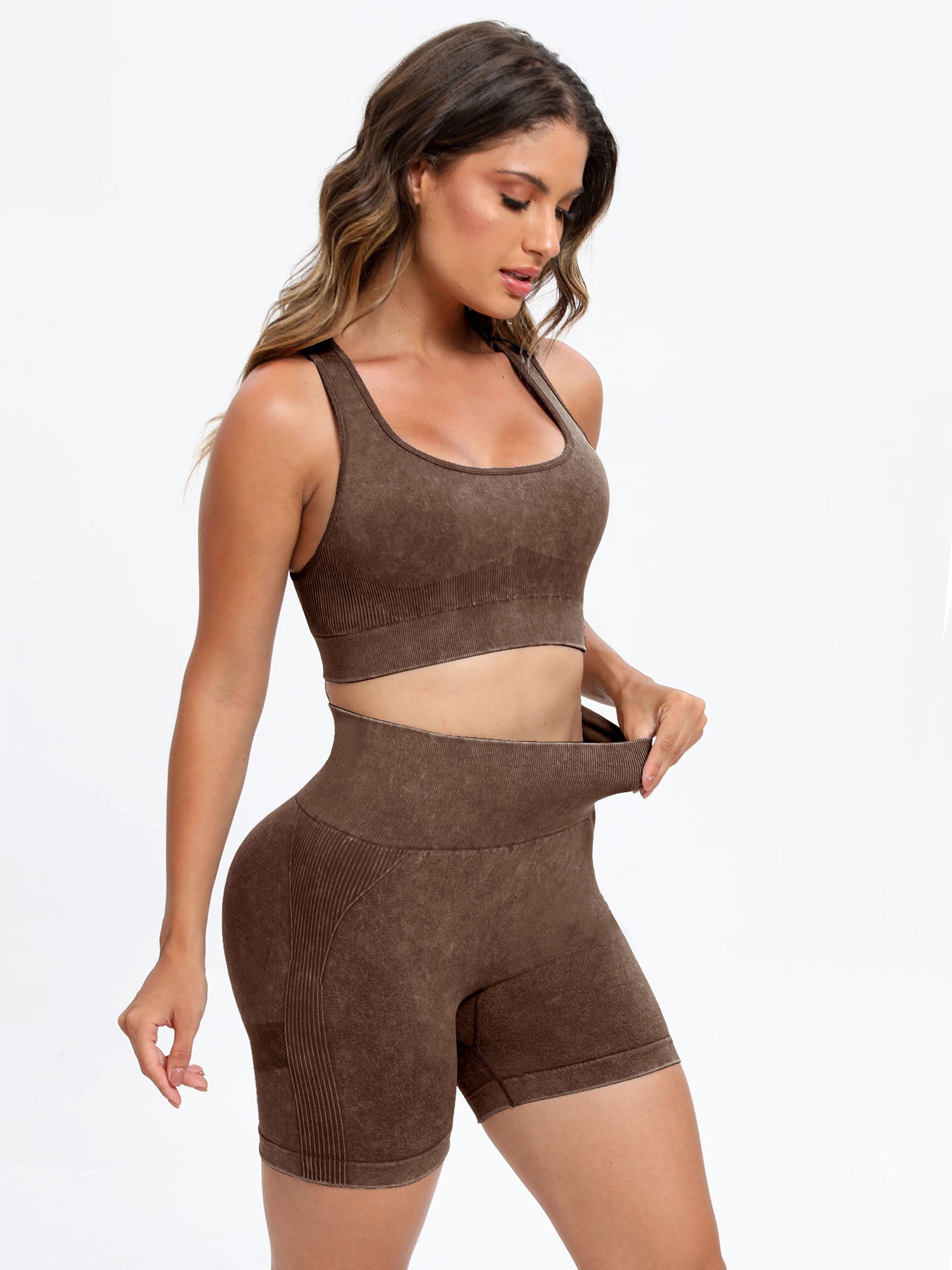 Brown Scoop Neck Wide Strap Top and Shorts Active Set