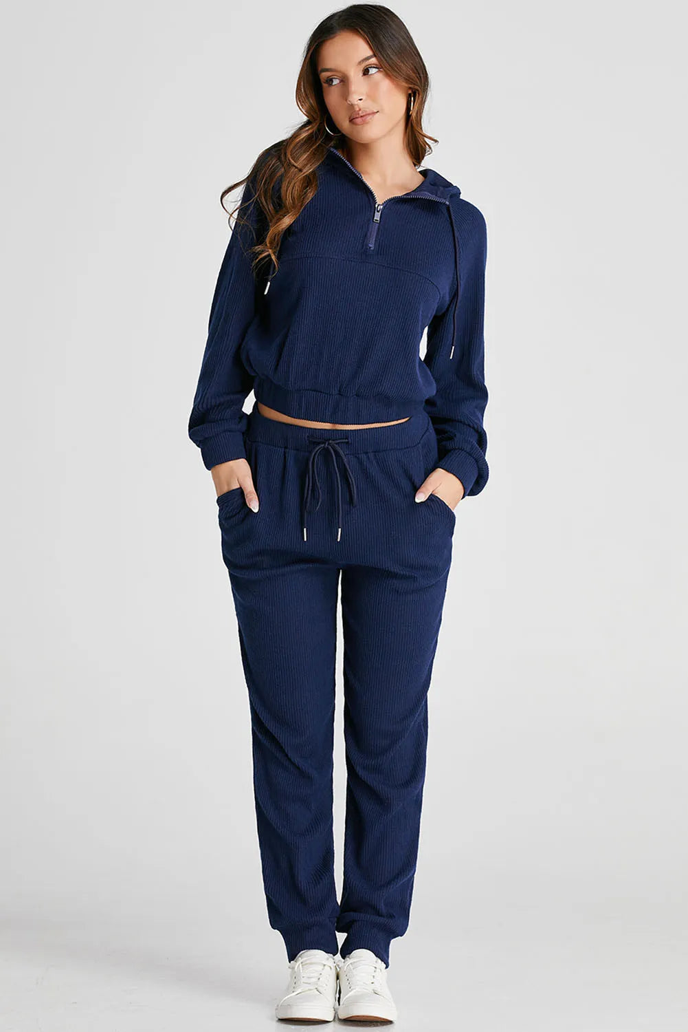 Navy Drawstring Half Zip Hoodie and Joggers Active Set