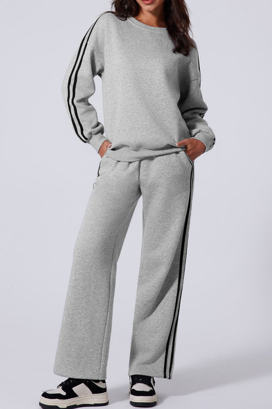 Light Gray Side Striped Round Neck Top and Pants Active Set