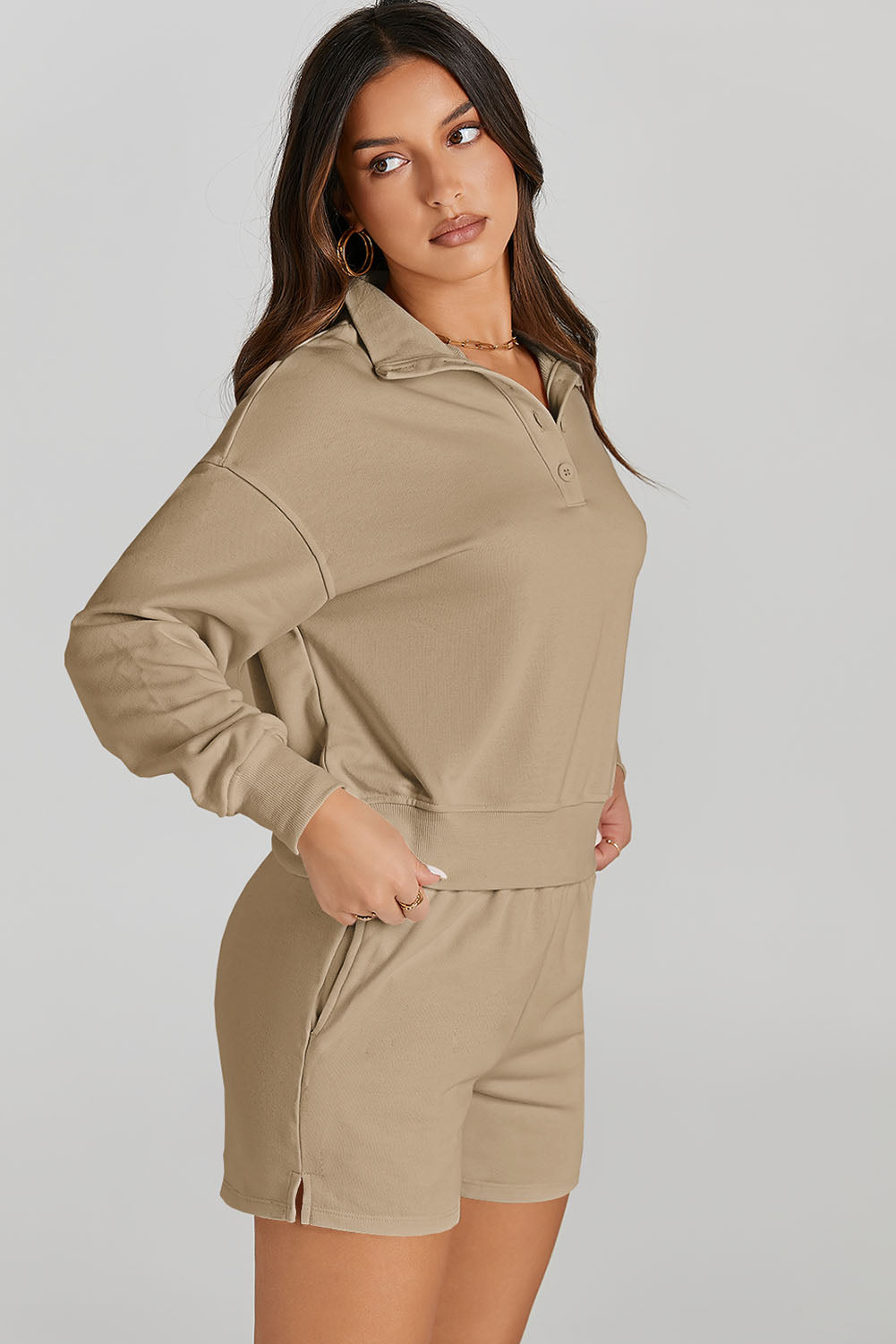 Tan Half Button Sweatshirt and Shorts Active Set