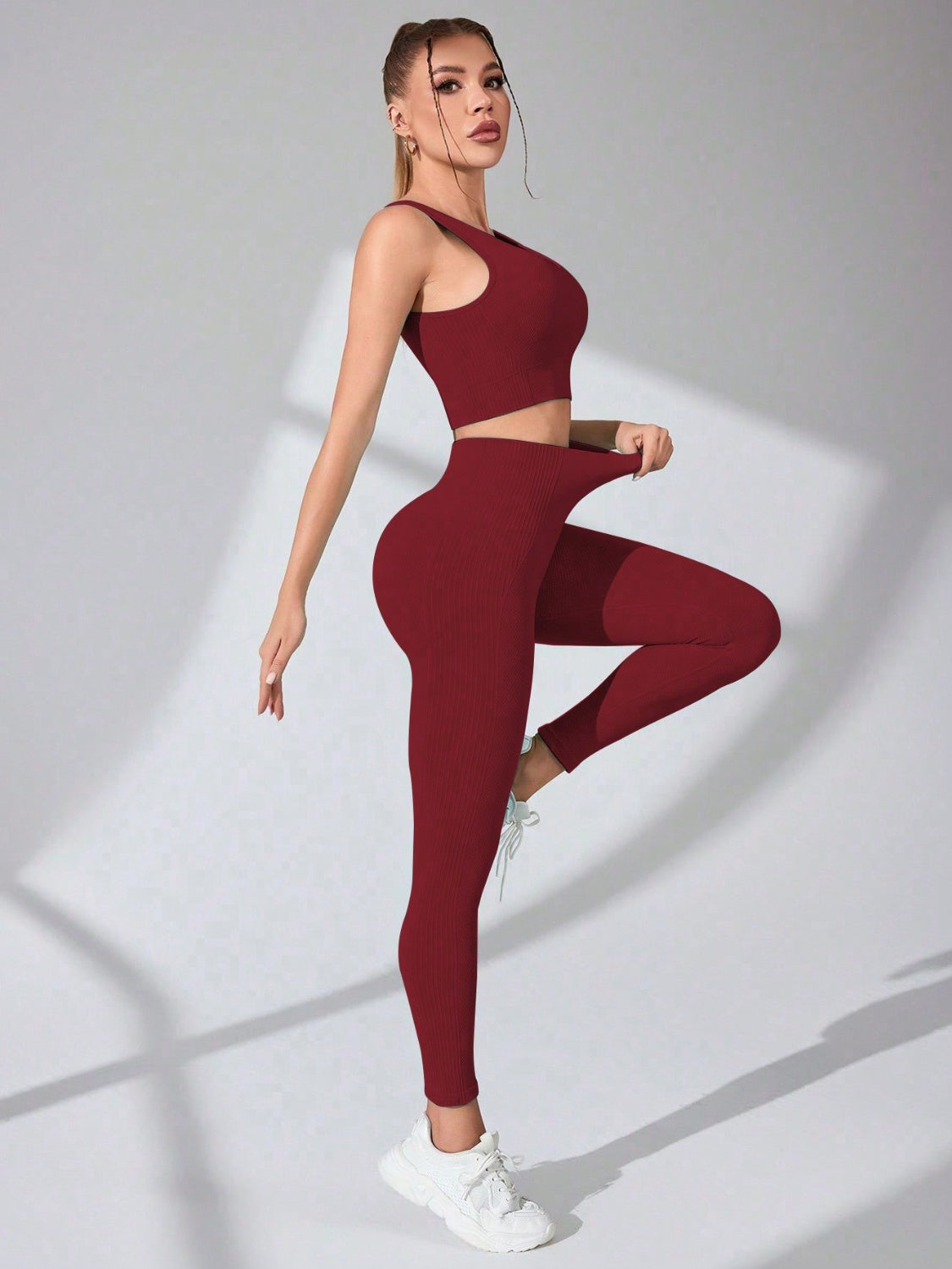 Burgundy Scoop Neck Wide Strap Top and Pants Active Set