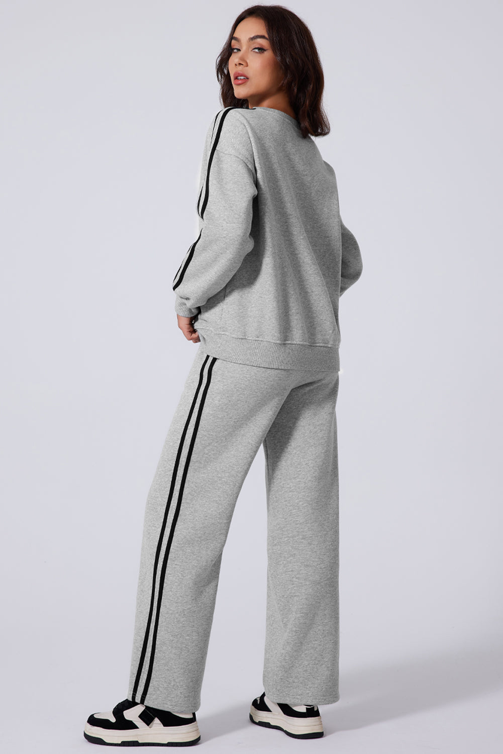 Light Gray Side Striped Round Neck Top and Pants Active Set