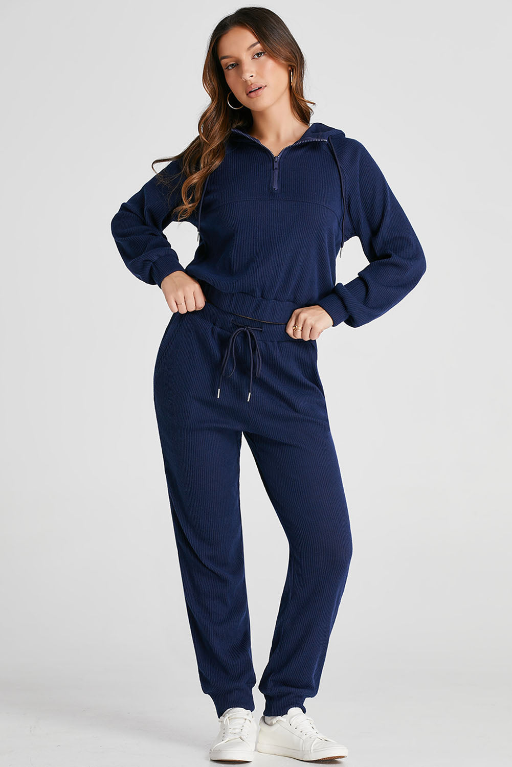 Navy Drawstring Half Zip Hoodie and Joggers Active Set