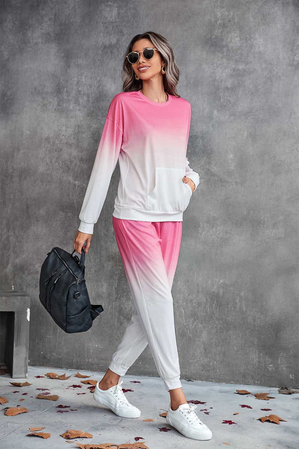 Pink Gradient Round Neck Sweatshirt and Joggers Set