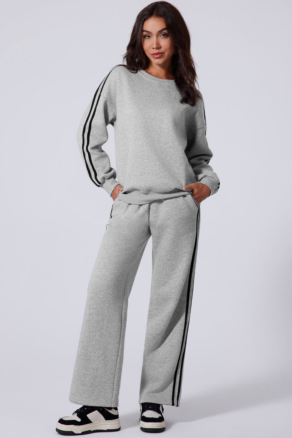 Light Gray Side Striped Round Neck Top and Pants Active Set