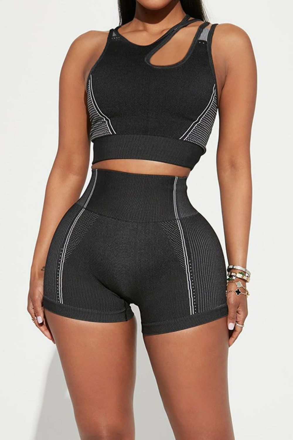 Black Asymmetrical Neck Striped Tank and Shorts Active Set