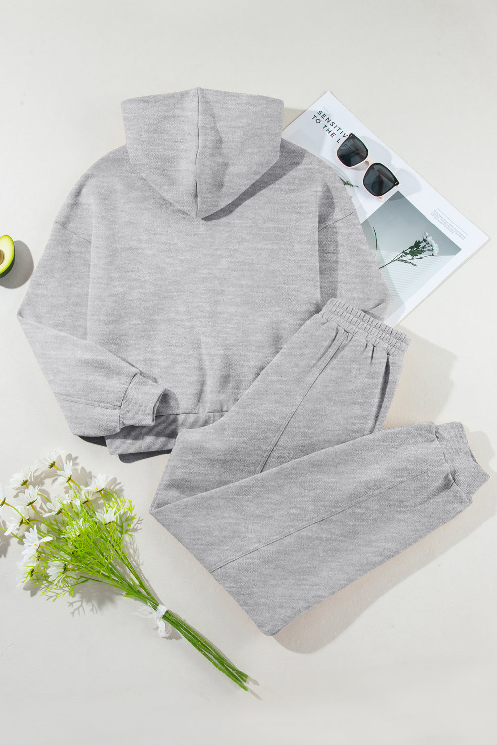 Gray Dropped Shoulder Long Sleeve Hoodie and Pants Active Set