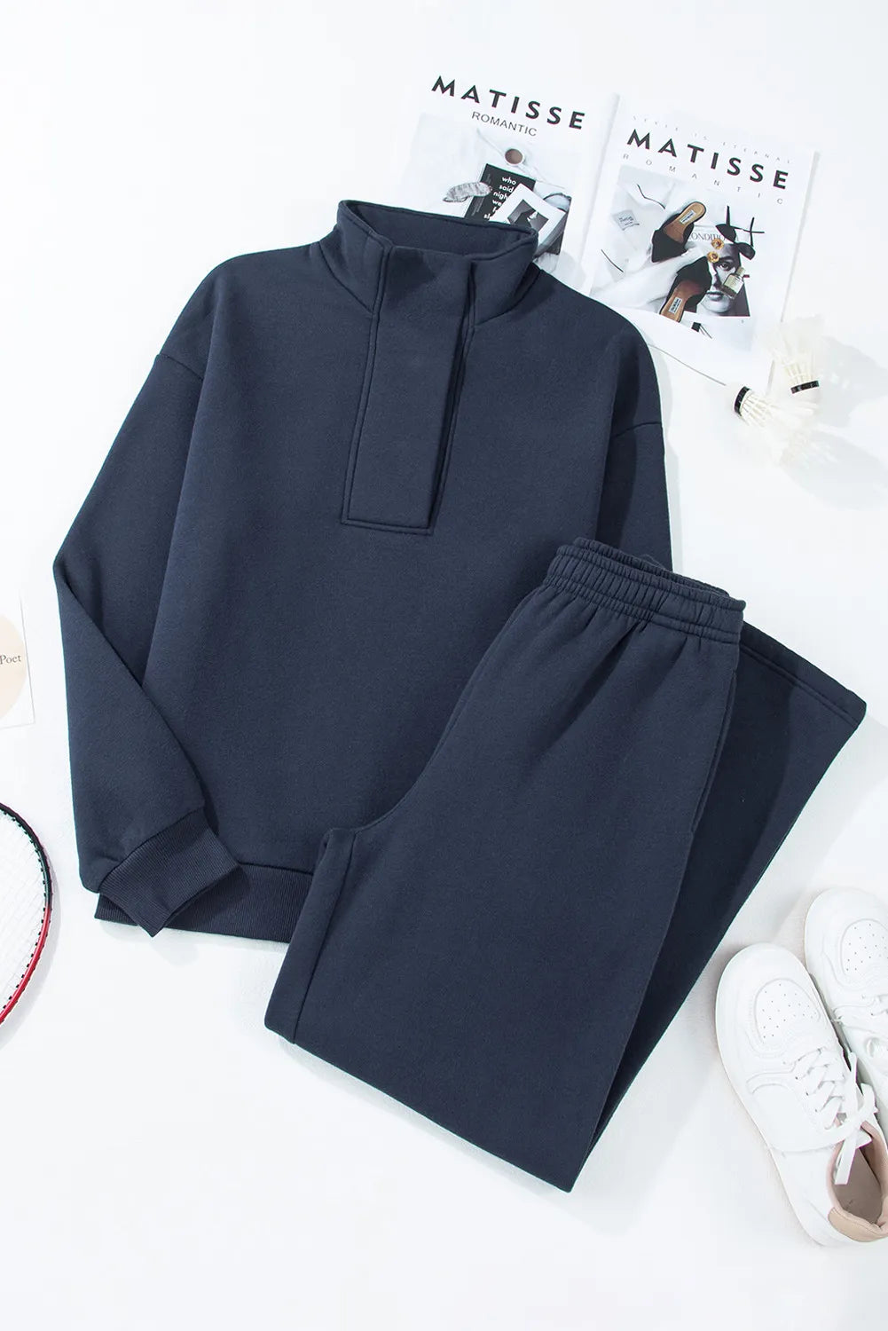 Dark Navy Half Snap Long Sleeve Top and Pants Active Set