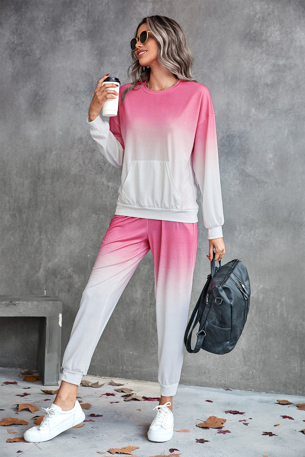 Pink Gradient Round Neck Sweatshirt and Joggers Set