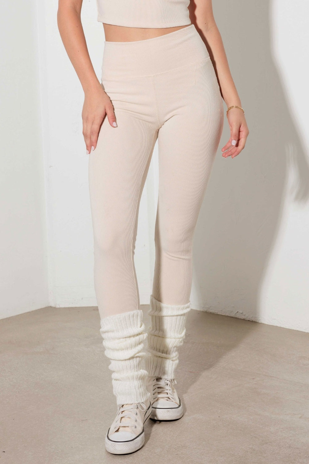 Beige Le Lis Ribbed Crop Cami and High Waist Brushed Leggings Set