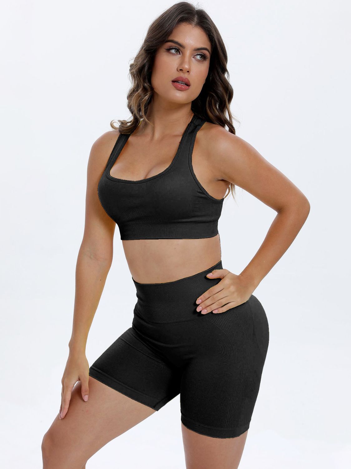 Black Scoop Neck Wide Strap Top and Shorts Active Set