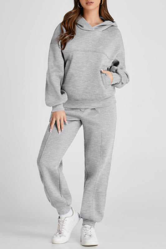 Gray Dropped Shoulder Long Sleeve Hoodie and Pants Active Set