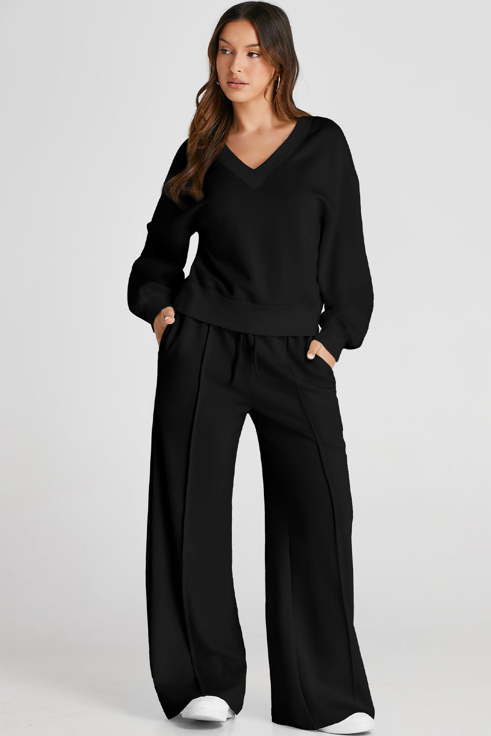 Black V-Neck Long Sleeve Top and Pants Active Set