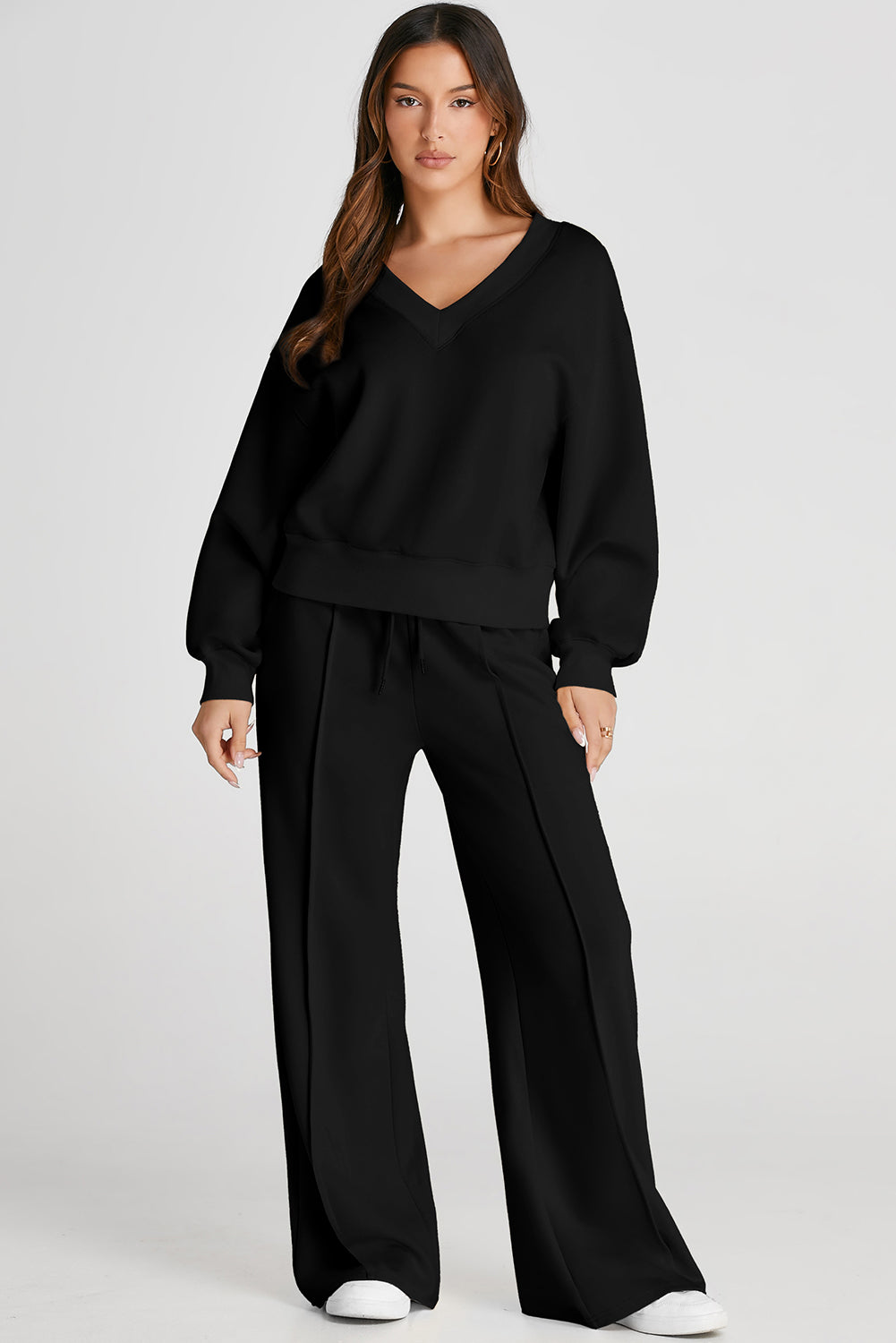 Black V-Neck Long Sleeve Top and Pants Active Set