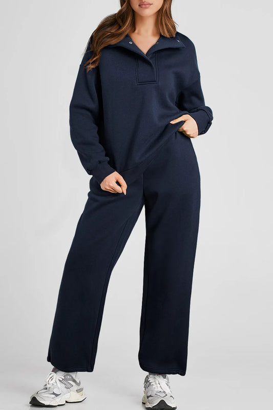 Dark Navy Half Snap Long Sleeve Top and Pants Active Set