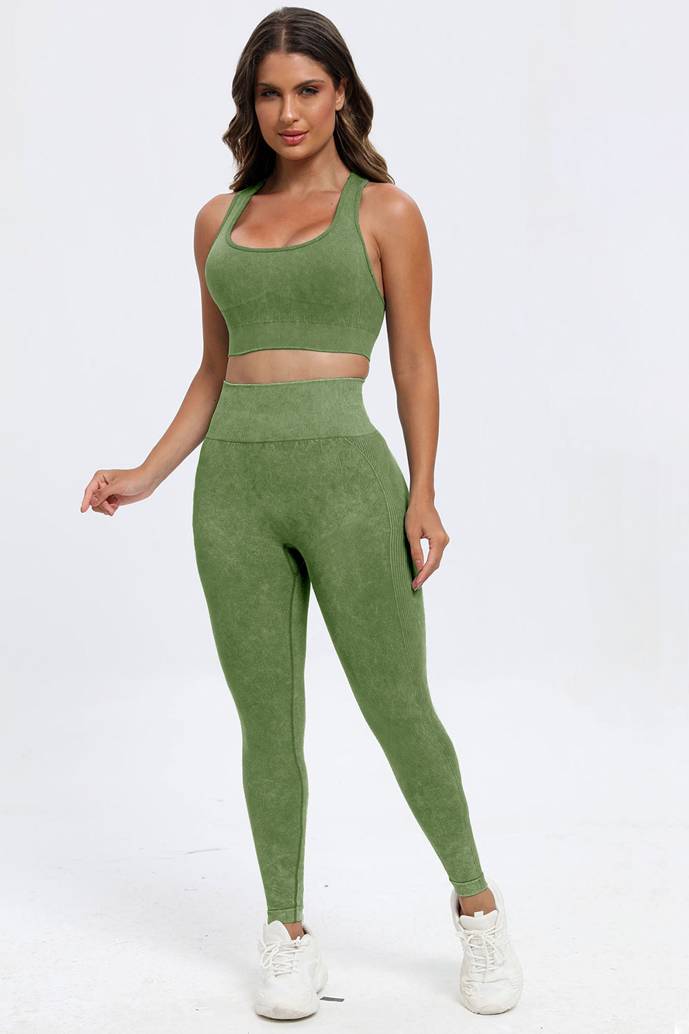 Green 3 Piece Washed Square Neck Wide Strap Active Set