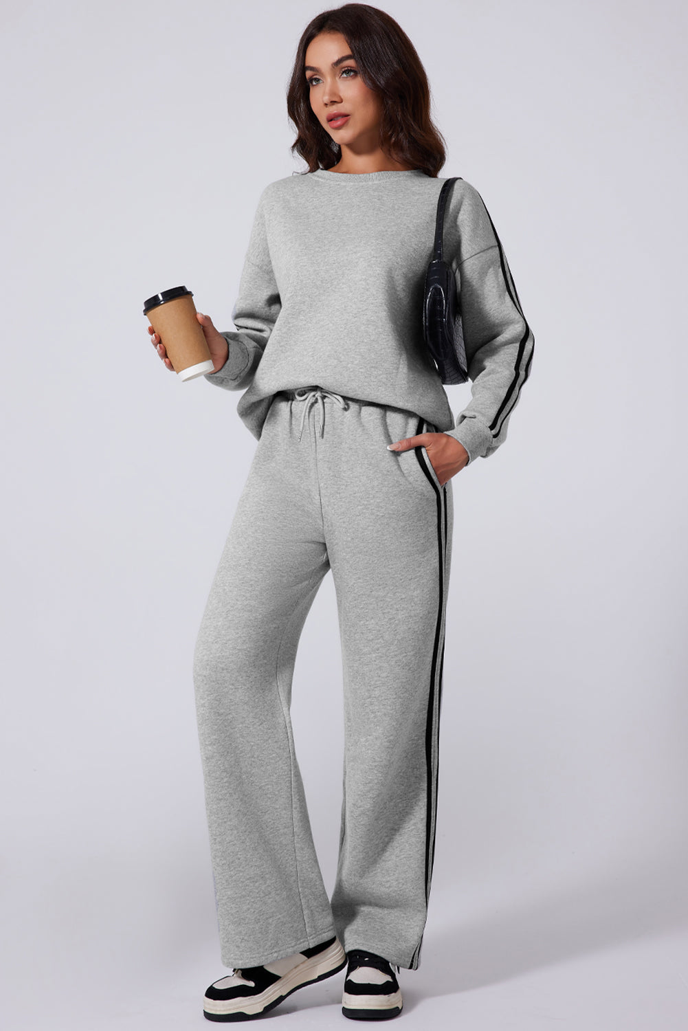 Light Gray Side Striped Round Neck Top and Pants Active Set