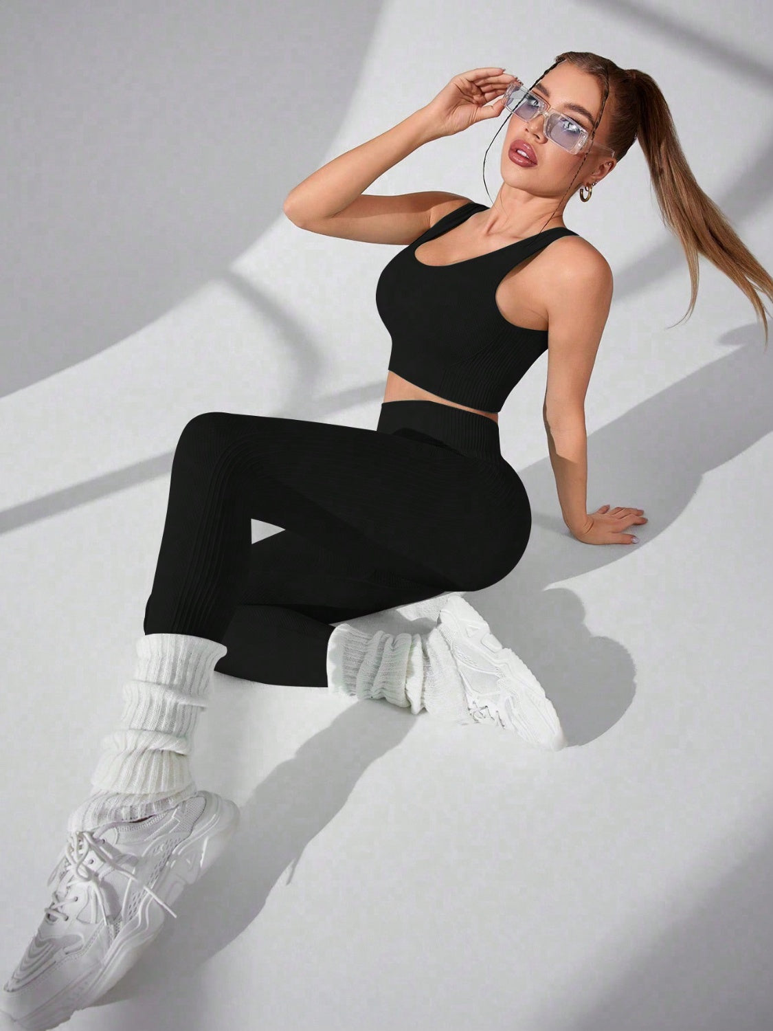 Black Scoop Neck Wide Strap Top and Pants Active Set