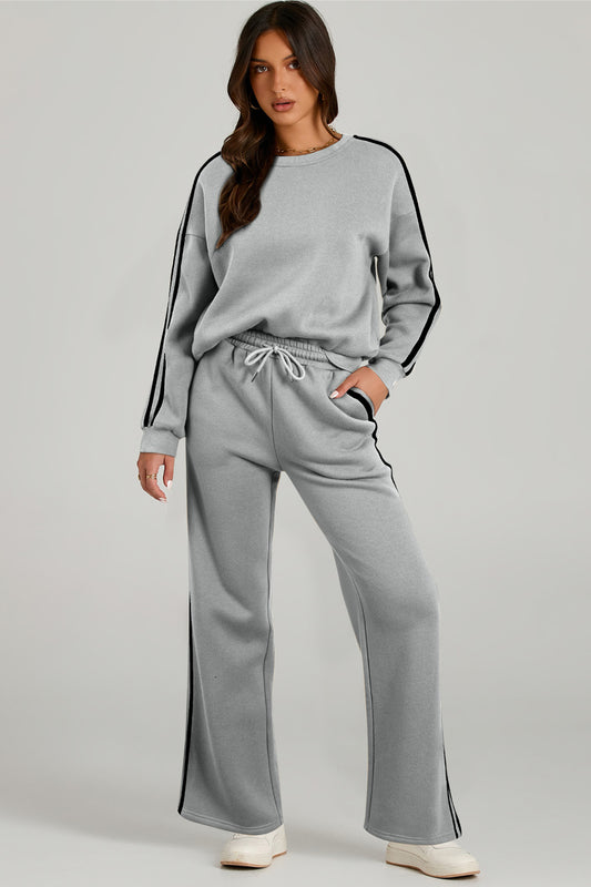 Gray Round Neck Long Sleeve Top and Pants Active Set