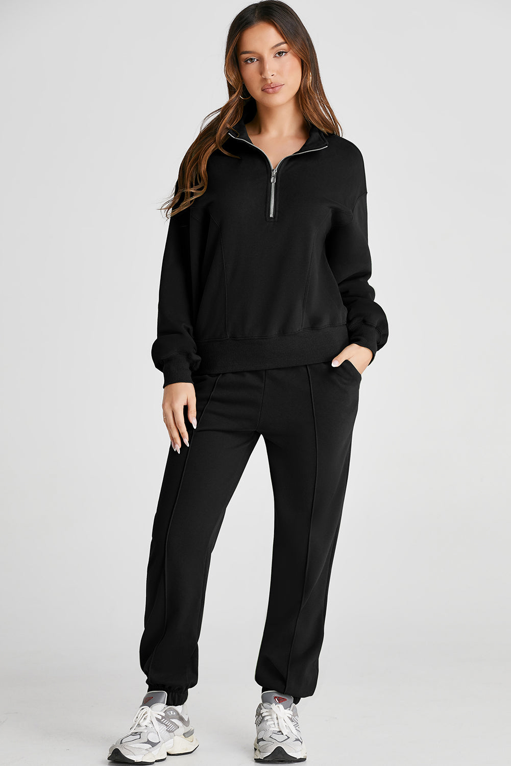 Black Half Zip Long Sleeve Top and Joggers Active Set