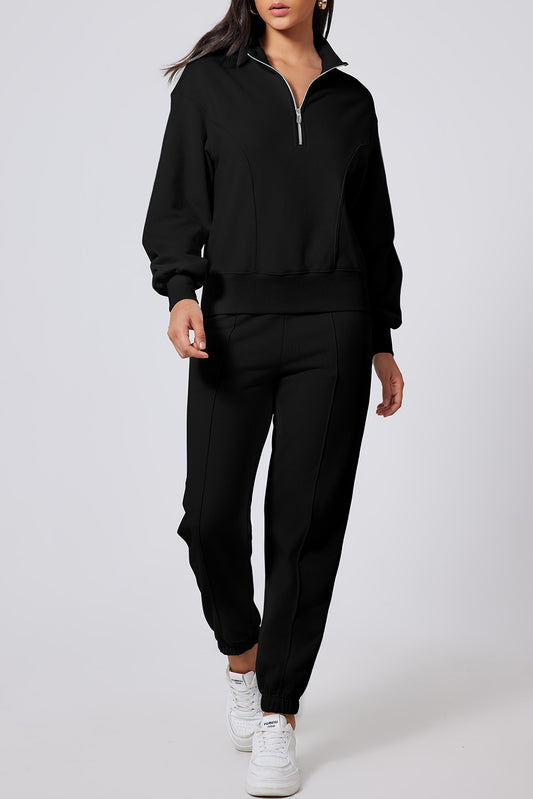 Black Half Zip Long Sleeve Top and Joggers Active Set