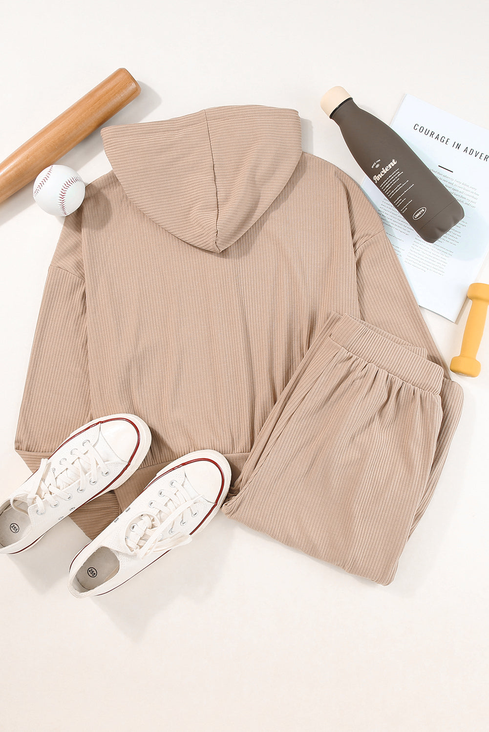 Khaki Drawstring Zip Up Hoodie and Pants Active Set