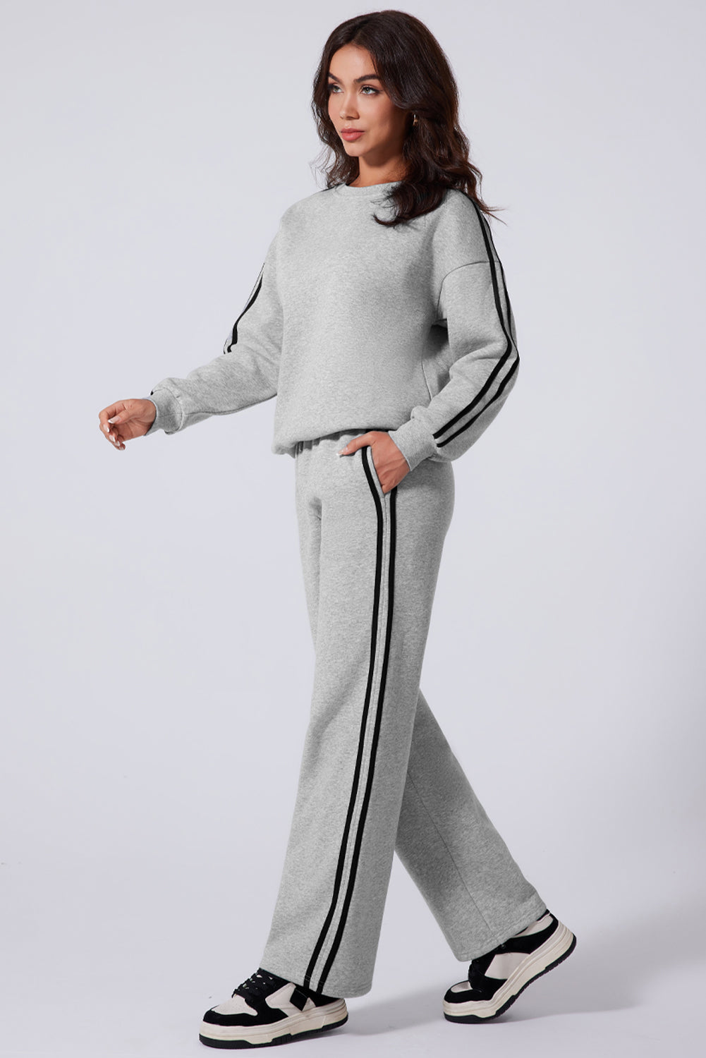 Light Gray Side Striped Round Neck Top and Pants Active Set