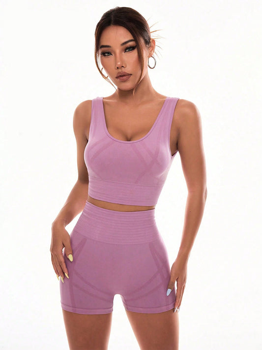 Pink Scoop Neck Wide Strap Top and Shorts Active Set