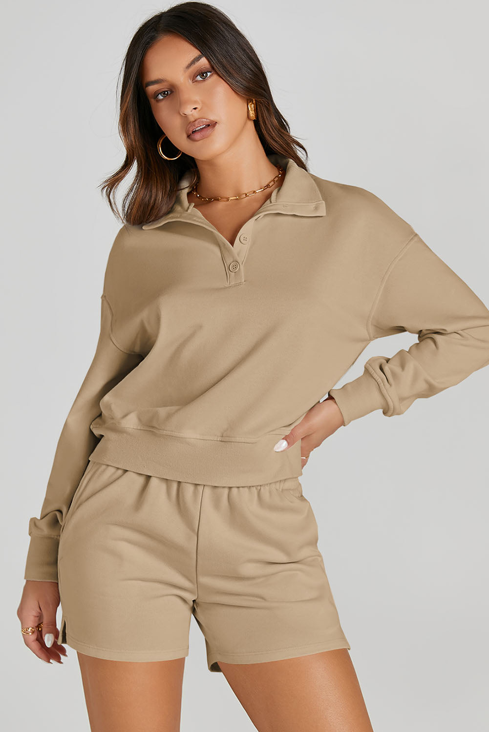 Tan Half Button Sweatshirt and Shorts Active Set