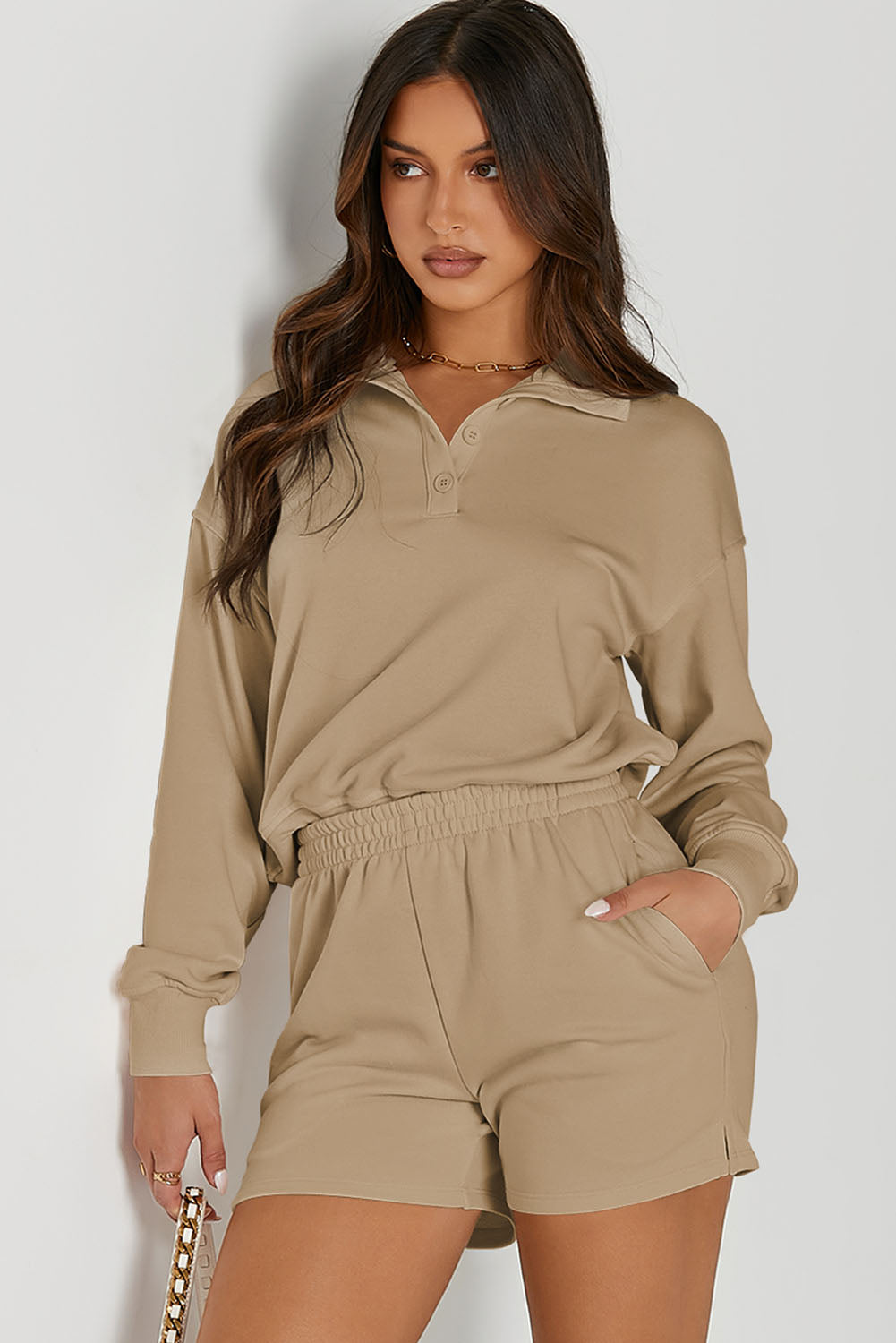 Tan Half Button Sweatshirt and Shorts Active Set