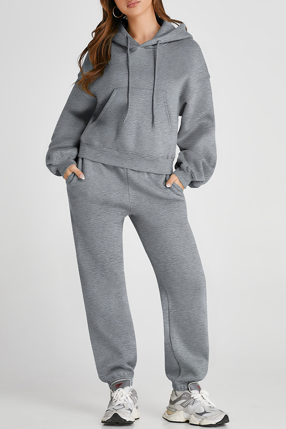 Gray Dropped Shoulder Hooded Top and Pants Active Set